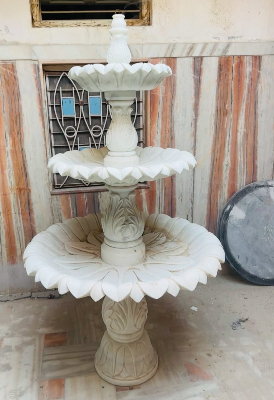 Exquisite Three-Tier White Marble Fountain