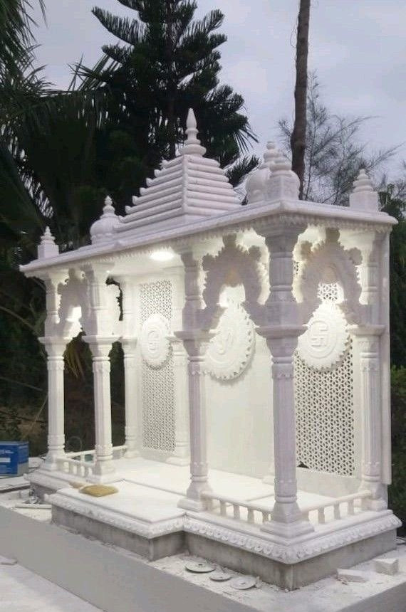 Hand-Carved White Marble Temple with LED Lighting